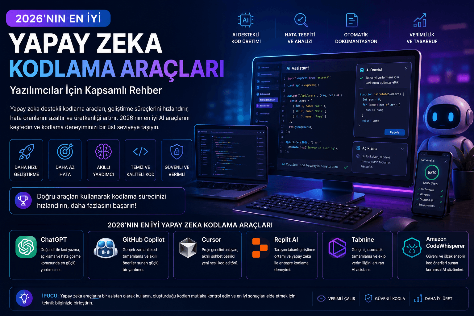 2026 yılında kullanılan en iyi yapay zeka destekli kodlama araçlarının karşılaştırmasını gösteren görsel