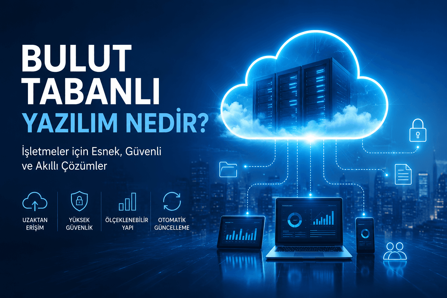 Bulut tabanlı yazılım altyapısını ve dijital dönüşüm süreçlerini gösteren modern teknoloji görseli
